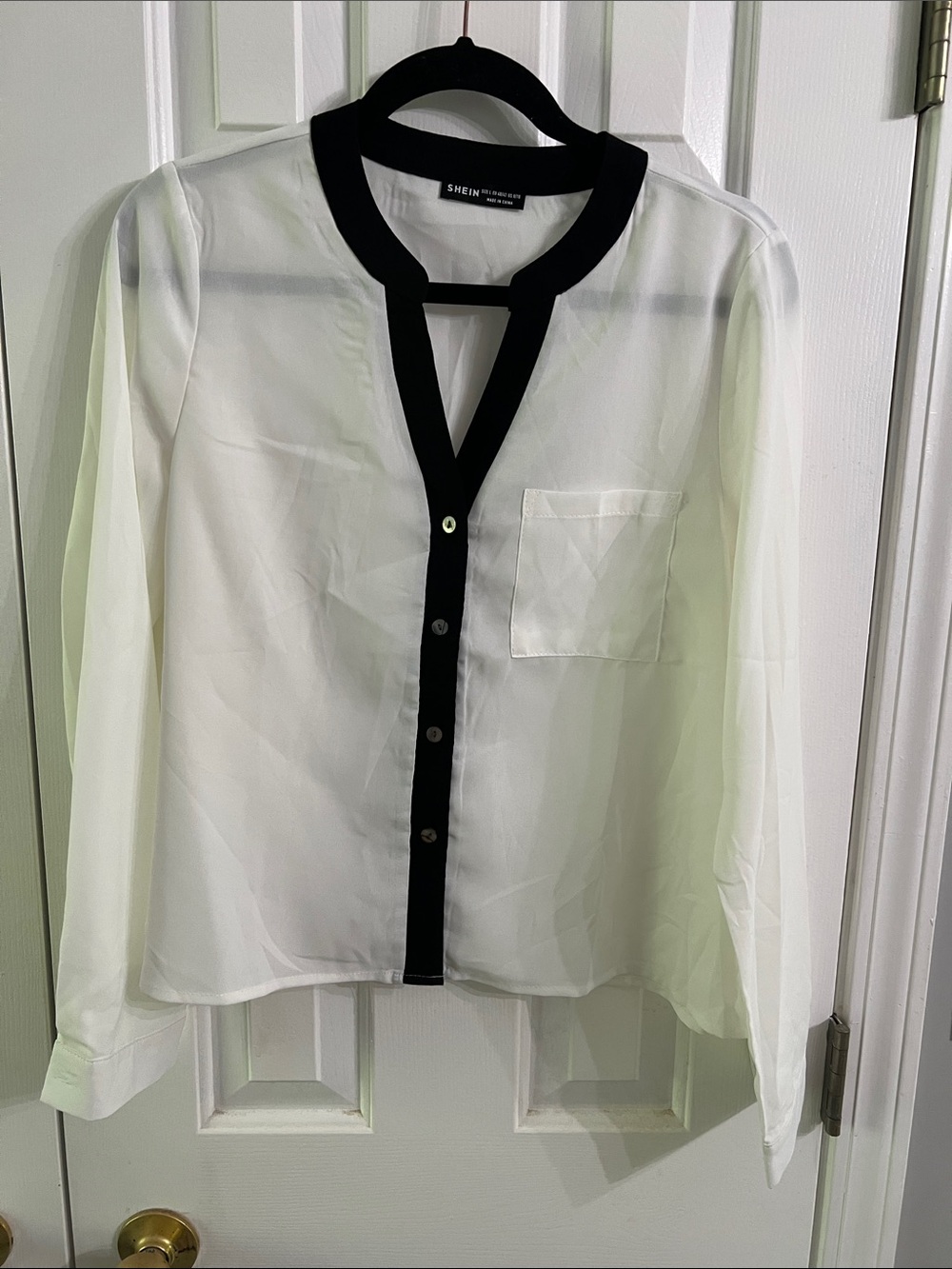 SHEIN White Sheer Blouse with Black Contrast Trim
